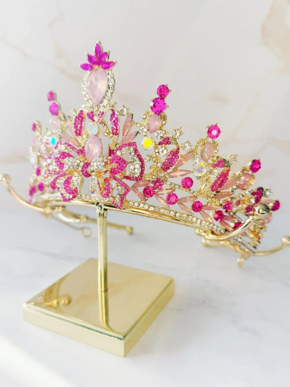 Pink Butterfly Tiara, Gold Crystal Crown for Wedding, Prom & Pageant Headpiece